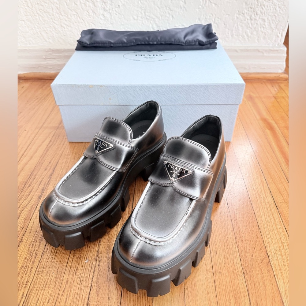 Prada Monolith Brushed Leather Penny Loafer EU36 US6 NWT Chunky Sole - Picture 5 of 14